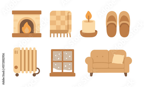 Cozy indoor elements - fireplace, blanket, candle, slippers, heater, snowy window, sofa