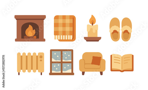 Cozy winter icons set: fireplace, blanket, candle, slippers, radiator, snowy window, armchair, book