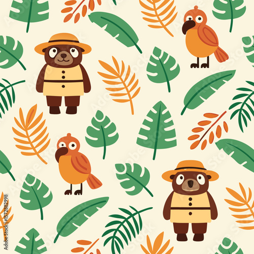 Seamless pattern shows cartoon bear wearing hat with birds and tropical leaves repeats nicely