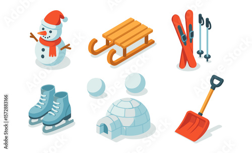 Winter fun: snowman, sleigh, skis, ice skates, igloo, and shovel illustrations