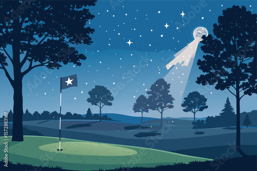 Night golf illustration with floodlights and a dark sky.