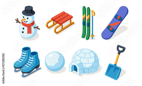 Winter fun set: snowman, sled, skis, snowboard, skates, snowball, igloo, shovel