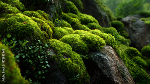 Lush green moss covers rocky terrain in a forested area during daytime