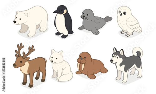 Cute arctic animals collection featuring polar bear, penguin, seal, owl, reindeer, arctic fox, walrus, husky