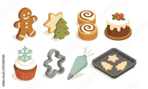 Festive holiday cookies and baking tools illustration with gingerbread and cupcake