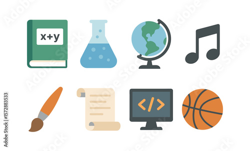 Educational and recreational icons: math, science, geography, music, art, coding, basketball