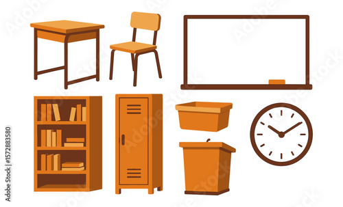 Classroom essentials: desk, chair, whiteboard, bookshelf, locker, clock, trash bin
