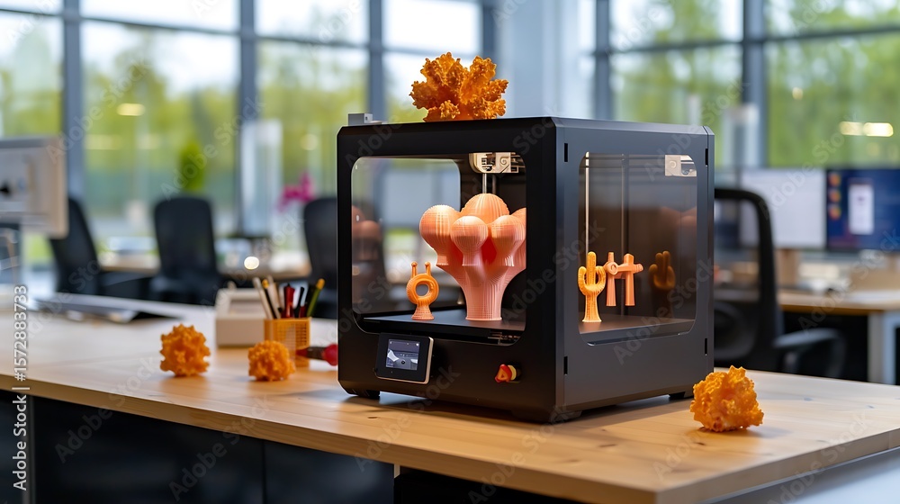 custom made wallpaper toronto digital3D printer producing household tools on a workbench in a modern home office environment.