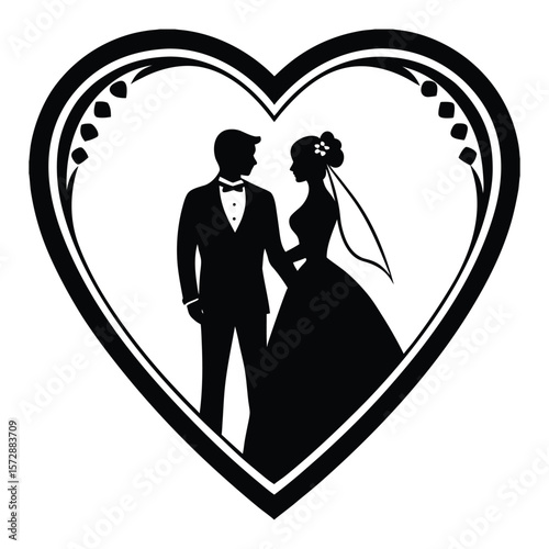 Romantic bride and groom embracing in a heart shape elegant wedding celebration silhouette design