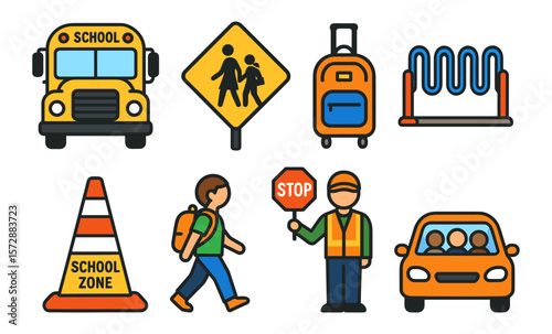 School transportation safety icons including stop sign and school bus graphics