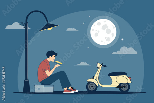 Vector art depicting a young man consuming fast food at night, illuminated by a streetlight.