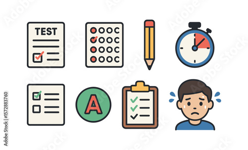 Exam and testing icons with anxious cartoon character illustrating test stress