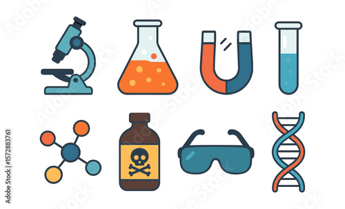 Colorful science icons: microscope, beaker, magnet, test tube, molecule, poison bottle, safety goggles, dna
