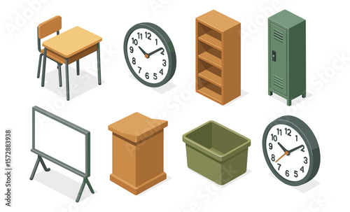 Illustration of classroom furniture and accessories: desk, whiteboard, bookshelf, locker, lectern, box, clocks
