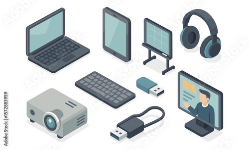 Isometric electronic devices and accessories including laptop and headphones
