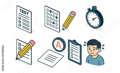 Cartoon illustration of test anxiety with multiple test elements and nervous boy
