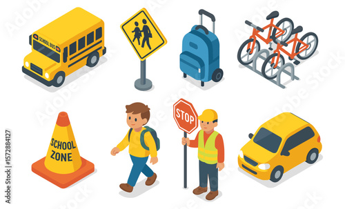 Isometric school transportation and safety symbols including bus and signage