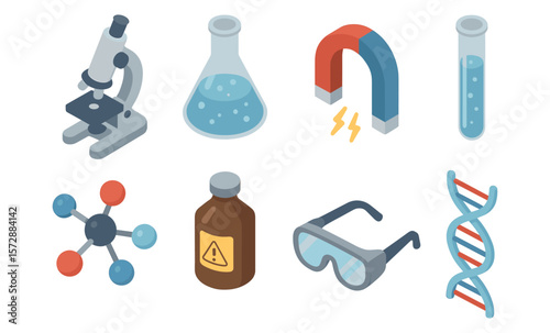 Science tools and symbols: microscope, beaker, magnet, test tube, molecule, bottle, safety goggles, dna