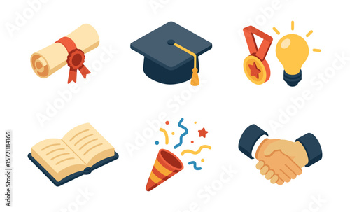 Educational icons including diploma, graduation cap, medal, lightbulb, book, party hat, handshake