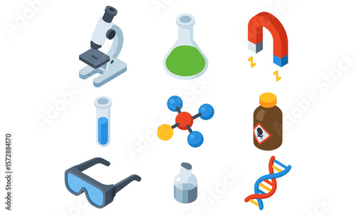 Colorful isometric science icons: microscope, beaker, magnet, dna, molecule, safety equipment