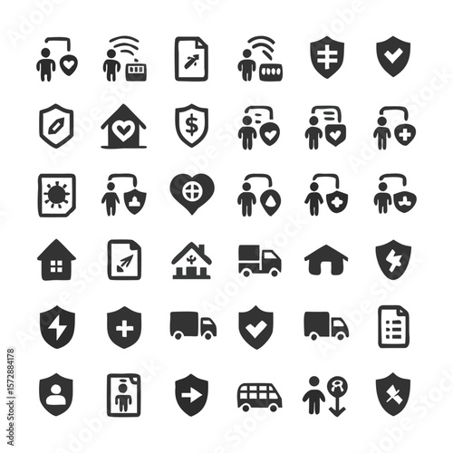 Collection of security and protection themed vector icons depicting safety and insurance symbols