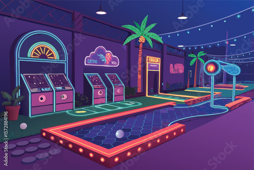 A vibrant vector illustration of a neon-lit mini golf course at night.