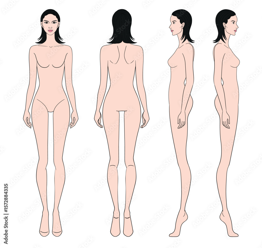 Fototapeta premium Colored fashion croquis figurines front side back view with short hair woman in vector.