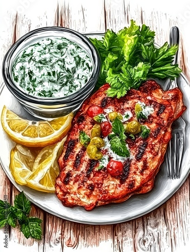 Grilled Chicken Breast with Spinach Dip and Lemon Wedges A Delicious Recipe Illustration