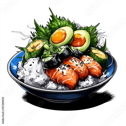Delicious Salmon Avocado Rice Bowl Vibrant Illustration