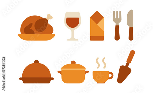 Thanksgiving dinner icons: roast turkey, wine, tableware, and cooking utensils
