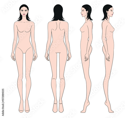 Colored fashion croquis figurines front side back view with short hair woman in vector.