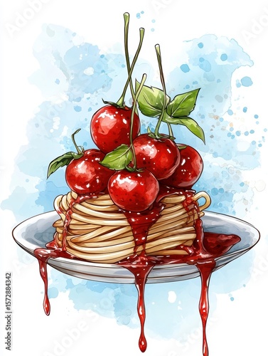 Delicious Spaghetti with Cherry Tomatoes A Watercolor Illustration
