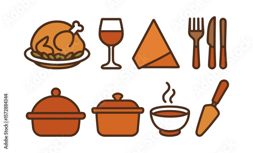 Thanksgiving feast icons with turkey, wine, and tableware