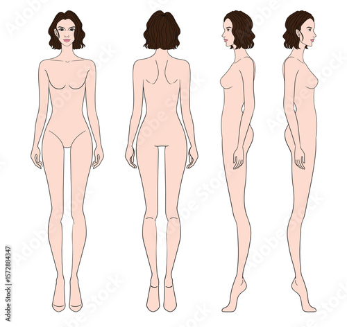 Colored fashion croquis figurines front side back with curly short hair woman