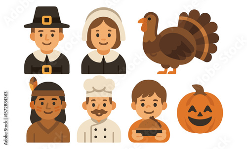 Thanksgiving characters and symbols: pilgrim, native american, turkey, pumpkin, chef, pie