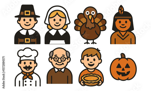 Thanksgiving icons: pilgrim, turkey, native american, pumpkin, cook, elder, child