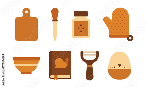 Thanksgiving food prep icons: cooking tools, kitchenware, ingredients, and utensils illustration