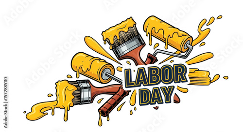 Yellow Paint Brushes and Rollers Splashing Bright Colorful Paint on White Background
