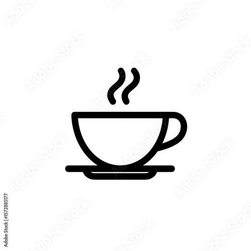 Simple outline of a steaming coffee cup on a saucer  