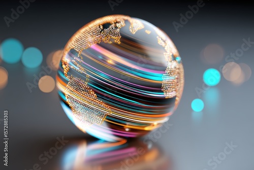 A glowing glass globe with vibrant light streaks, representing global connectivity and technology on a blurred background.