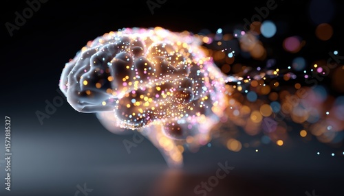 A digital brain emits colorful, glowing particles, symbolizing creativity, intelligence, and data flow.