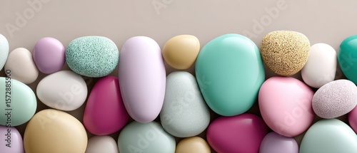 Smooth pastel-colored stones arranged in a neat, decorative pattern against a neutral background.