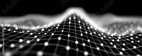 A digital mesh of interconnected points forms a wave-like 3D grid against a black background.