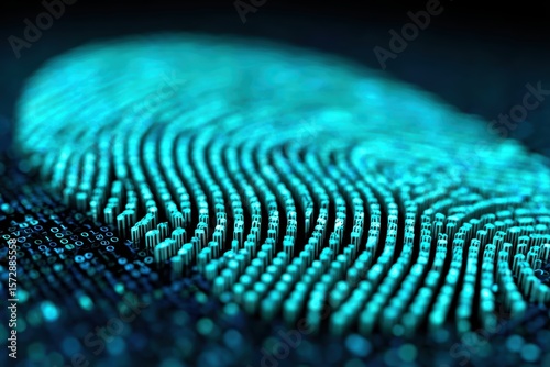 A digital fingerprint made of glowing blue data points, representing biometric security and digital identification.