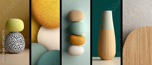 Minimalist abstract compositions featuring stacked stones, vases, and textured patterns in soft pastel and earthy tones.