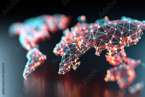 A digital world map made of interconnected glowing nodes and lines, symbolizing global networks and technology.