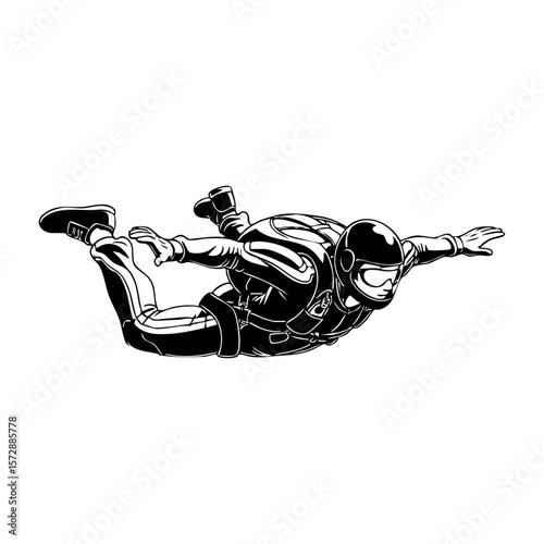 Minimalist black and white illustration of a man skydiving in free fall