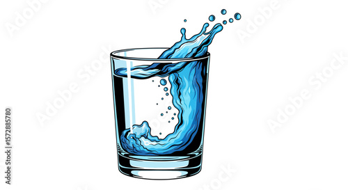 Clear Glass Filled with Vibrant Blue Water Splashing on White Background
