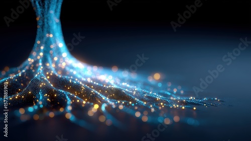 A glowing, abstract digital tree with roots spreading, formed by blue and orange light dots on a dark background.