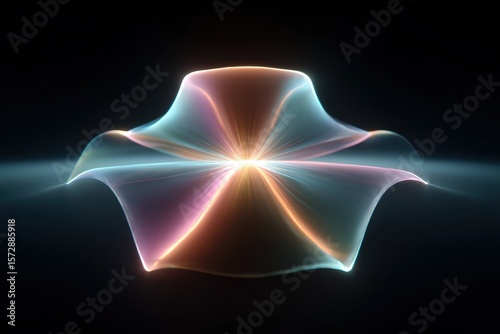 Abstract glowing shape with smooth, multicolored curves radiating light on a dark background.
